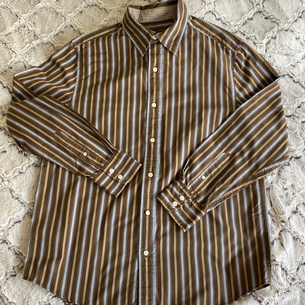 Men’s size medium Eddie Bauer button down, brown and blue striped shirt
